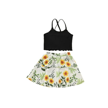 

Emmababy Girls Solid Color Cropped Camisole and Flower A-line Short Skirt Set