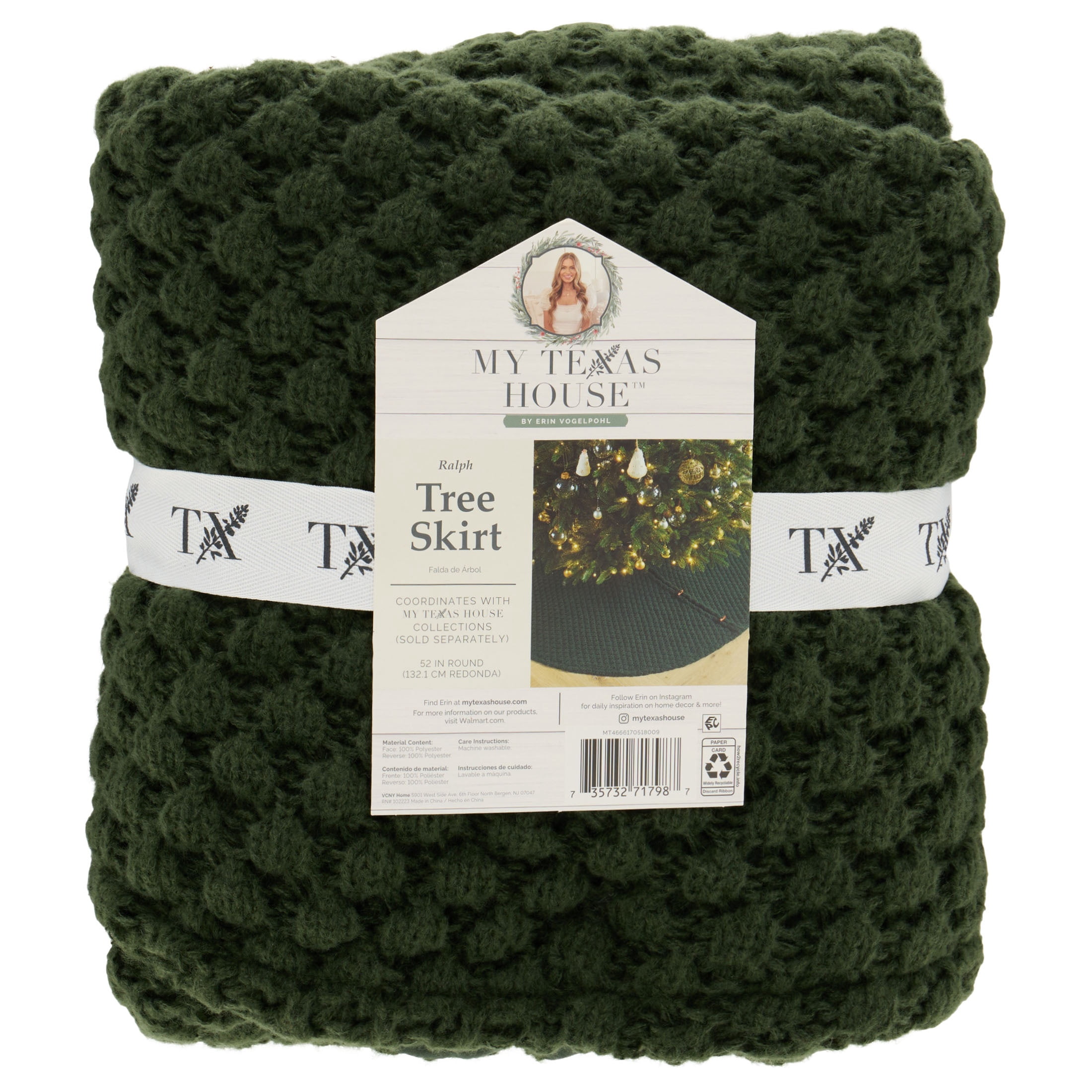 My Texas House Ralph Textured Knit Christmas Tree Skirt, Green, 52"