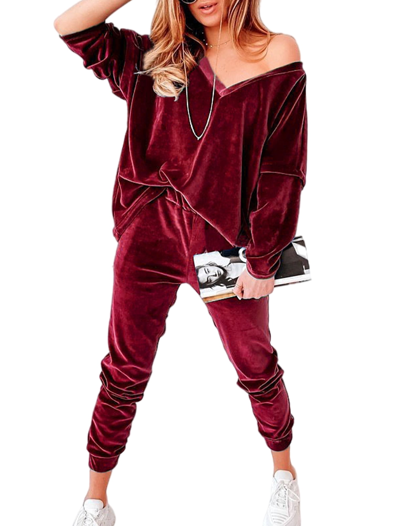 Avamo Womens 2 Piece Sweatsuit Set Solid Fleece Long Sleeve Pullover