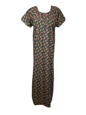 Mogul Women Black Peach Floral Maxi Caftan Nightgown Cap Sleeves Sleepwear Housedress Bohemian Loose Nightwear Patio Dresses XL