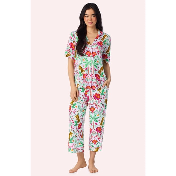 Room Service Womens Stretch Jersey Pajama Set - Short Sleeve Button Down Top & Cropped Pant