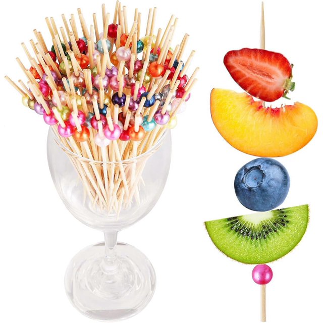 100 PCS Cocktail Picks,12cmFancy Cocktail Toothpicks Bamboo Cocktail Picks for Party Decoration, Colorful Pearl Food Picks
