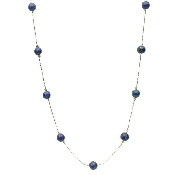 Blue Lapis Stone Beads Station Illusion Sterling Silver Chain Necklace, 16"