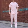 thumbnail image 2 of Jessboyy 2 Piece Beach Outfits for Men Casual Stand Collar Shirts and Pants Sets Vacation Travel Going Out Set for Men Spring Summer Outfit Pink,XXXL, 2 of 3