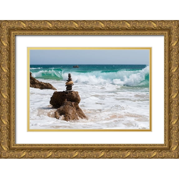 Palacios Prieto, Javier 32x23 Gold Ornate Wood Framed with Double Matting Museum Art Print Titled - Stone tower on the beach