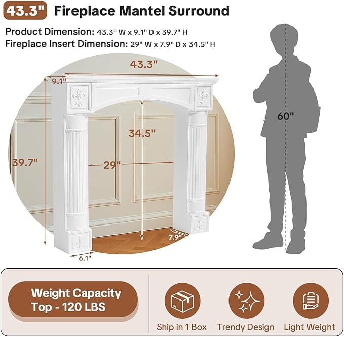 HOMEDIARY Modern White Freestanding Fireplace Mantel Surround – Waterproof, Anti-Tipping Premium MDF Mantel with Leg for Electric Fireplace, Living Room Décor