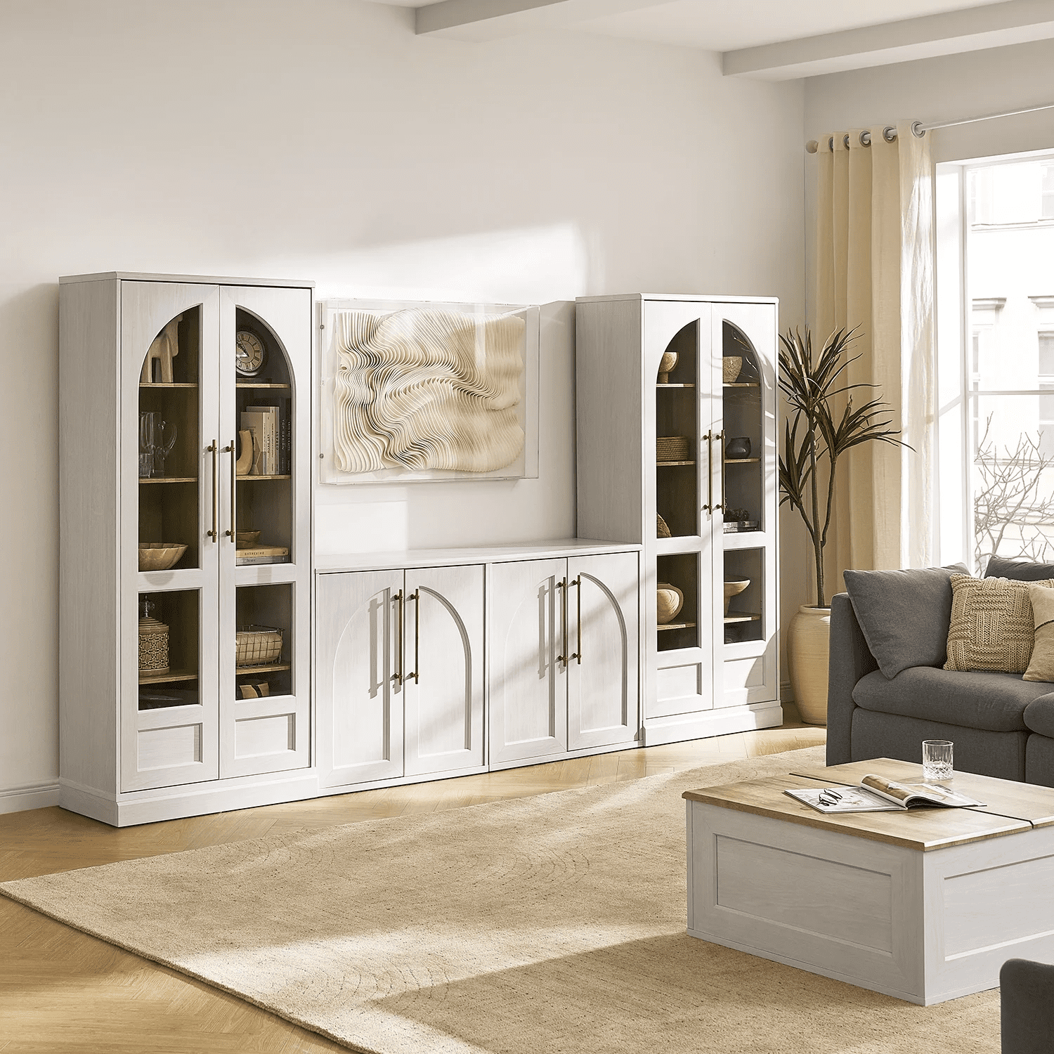 Blake 4 Piece Entertainment Center with Storage, TV Stand with Tall Arched Display Cabinets, White Oak