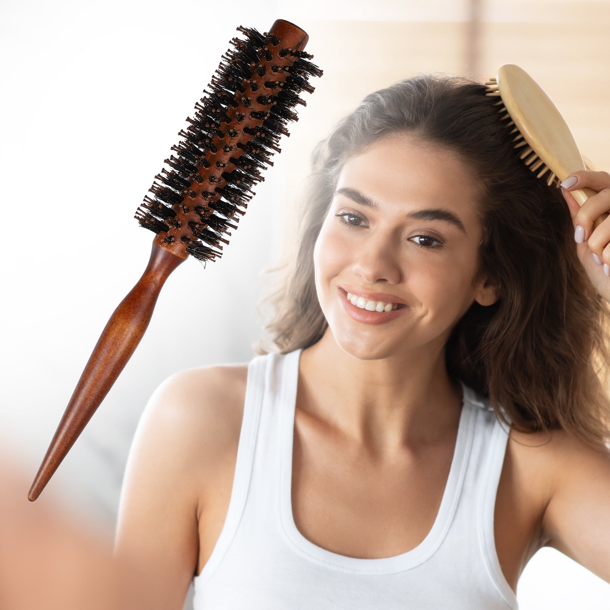 Unique Bargains Hair Round Comb Hairstyle Wavy Styling Tool Brush 1.89in Wood Brown 1.77"