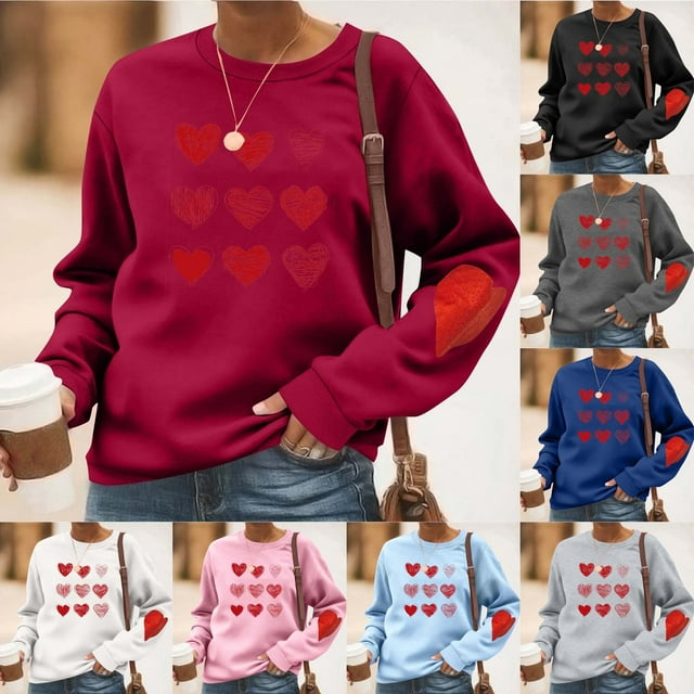 RKSTN Women's Valentine's Day Sweatshirts Oversized Crewneck Valentines Heart Graphic Print Hoodless Sweatshirt Womens Casual Plus Size Round Neck Loose Comfy Sweatshirt Fall Spring Clothes