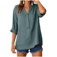 thumbnail image 4 of felwors Women's Relaxed Fit Short Sleeve Linen Like V Neck Blouse with Front Pocket Button Detail Roll Up Sleeves Casual Summer Beach Daily Top (Green, L), 4 of 7