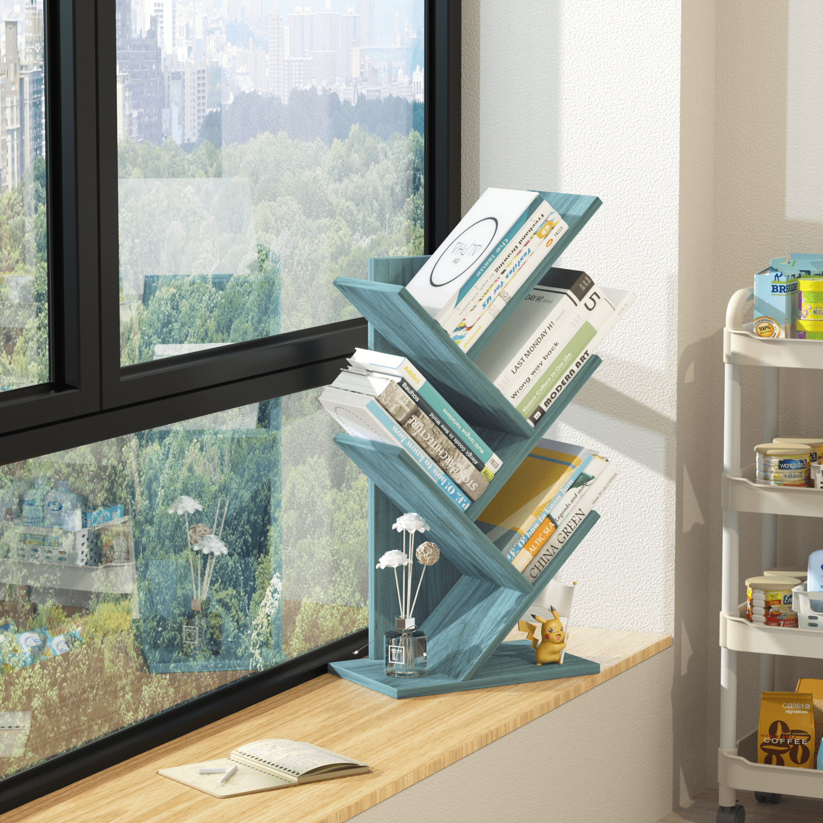 LELELINKY 5 Tier Tree Book Shelf, Small Desktop Bookshelf with Storage Organizer, Floor Standing Organizer Bookcases for CDs, Magazine, Books - Blue