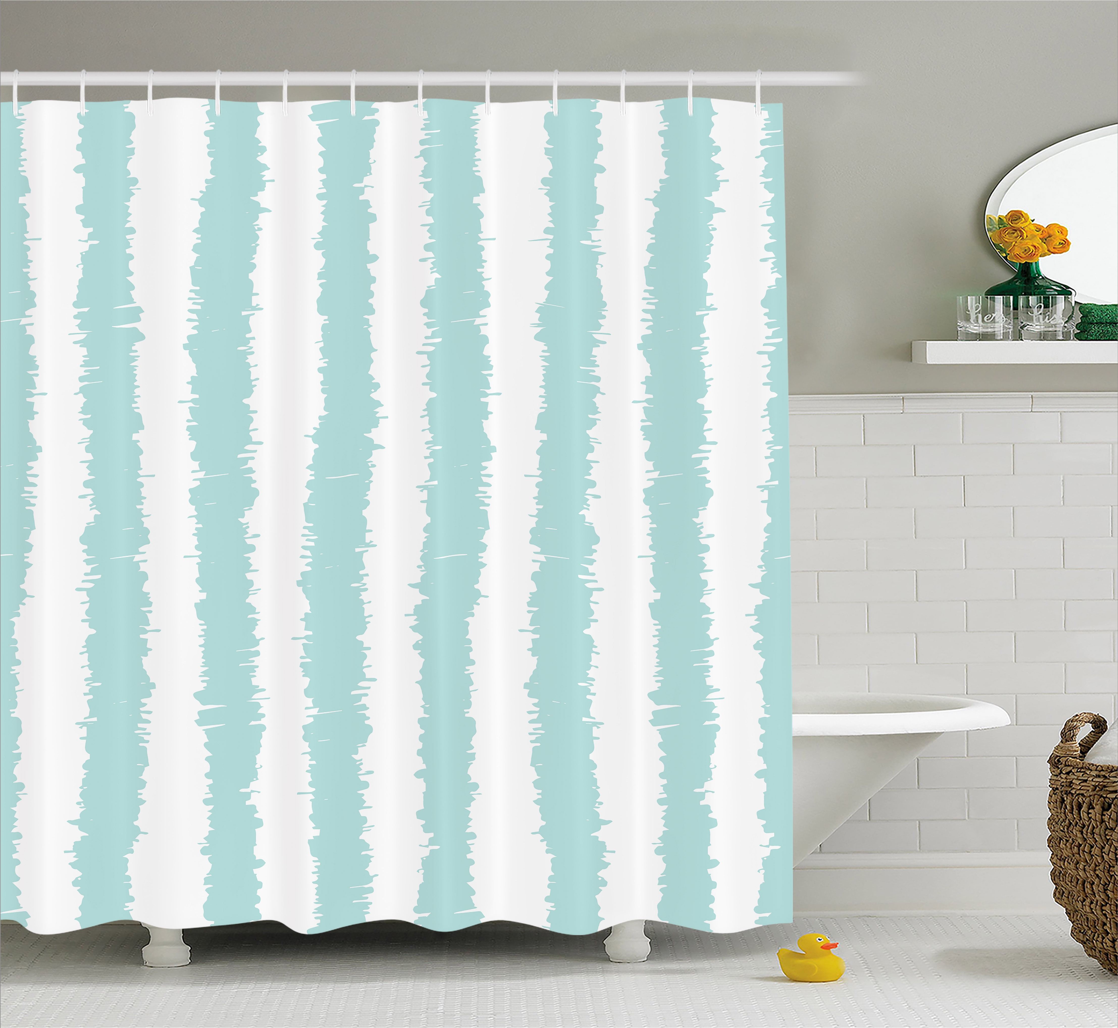 Aqua Shower Curtain, Vertical Striped Pattern with Sketchy Lines