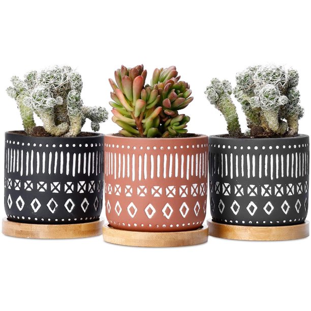 Potey Cement Succulent Planter Pots 2 6 Concrete Cactus Pot With Bamboo Tray Drain Hole Handcraft Geometry Cylinder Deco Indoor Set Of 3 Brown Black Grey Walmart Com Walmart Com