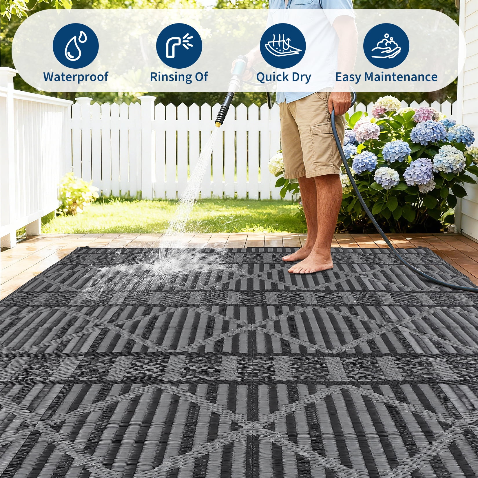 HIWEAVER 9' x 18' Gray/Black Outdoor Rug PP Plastic Straw Woven Waterproof Patio Rug with Border Portable Outside Carpet for Balcony Deck Picnic Garden Decor