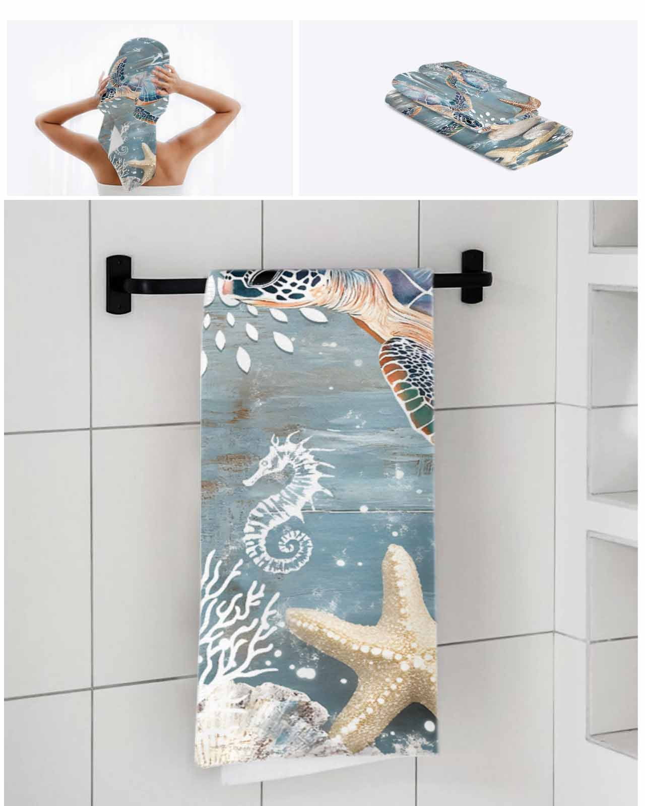 Blue Turtle Coastal Bath Towels for Bathroom Set,Luxury Microfiber Towels Gifts for Women,Beach Kitchen Hand Hair Face Towel and Dish Washcloth,Summer Beach Nautical Starfish Coral Towels+Set