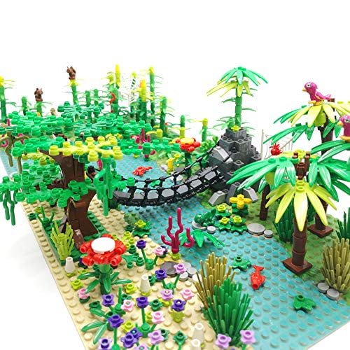 Rainforest Jungle Bridge Building Block Toys with 2pcs Baseplates(10x10 inches Each) Garden Bricks Accessories Bush Flowers Animals Coconut Trees for Classic Brick Block Toys