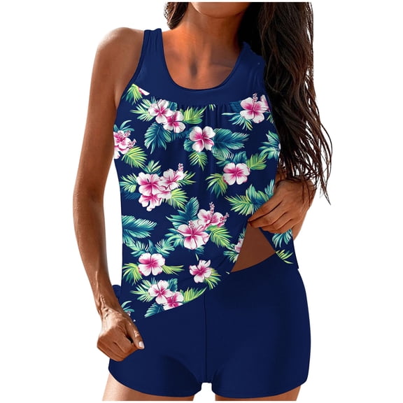 Uaswgudfs Women's Plus Size Modest Two Piece Tankini Swimsuits Floral Print Bathing Suit with Pockets Blue L