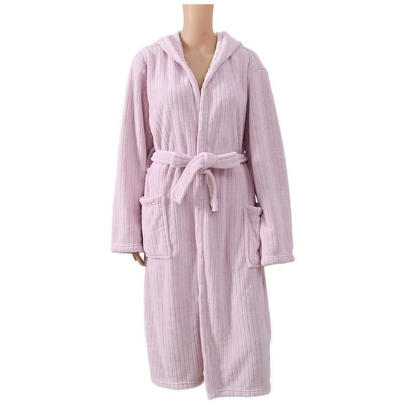 XuJwPNcy Women's Long Sleeve Fuzzy Robe with Belt Soft Comfy Sleepwear with Pockets Solid Color Plush Warm Robe