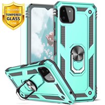 TJS for Samsung Galaxy A22 5G Phone Case, with [Tempered Glass Screen Protector] Impact Resistant Metal Ring Magnetic Support Kickstand Drop Protector Cover (Teal)