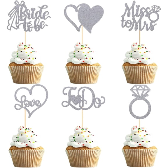 Silver Glitter Bridal Shower Cupcake Toppers, Bride to Be, Miss to Mrs, I Do, Love Heart, Diamond Ring, 12 Pcs