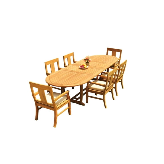 Grade-A Teak Dining Set: 6 Seater 7 Pc: 118" Mas Oval Trestle Leg Table And 6 Osborne Arm Chairs Outdoor Patio WholesaleTeak #51OS1707