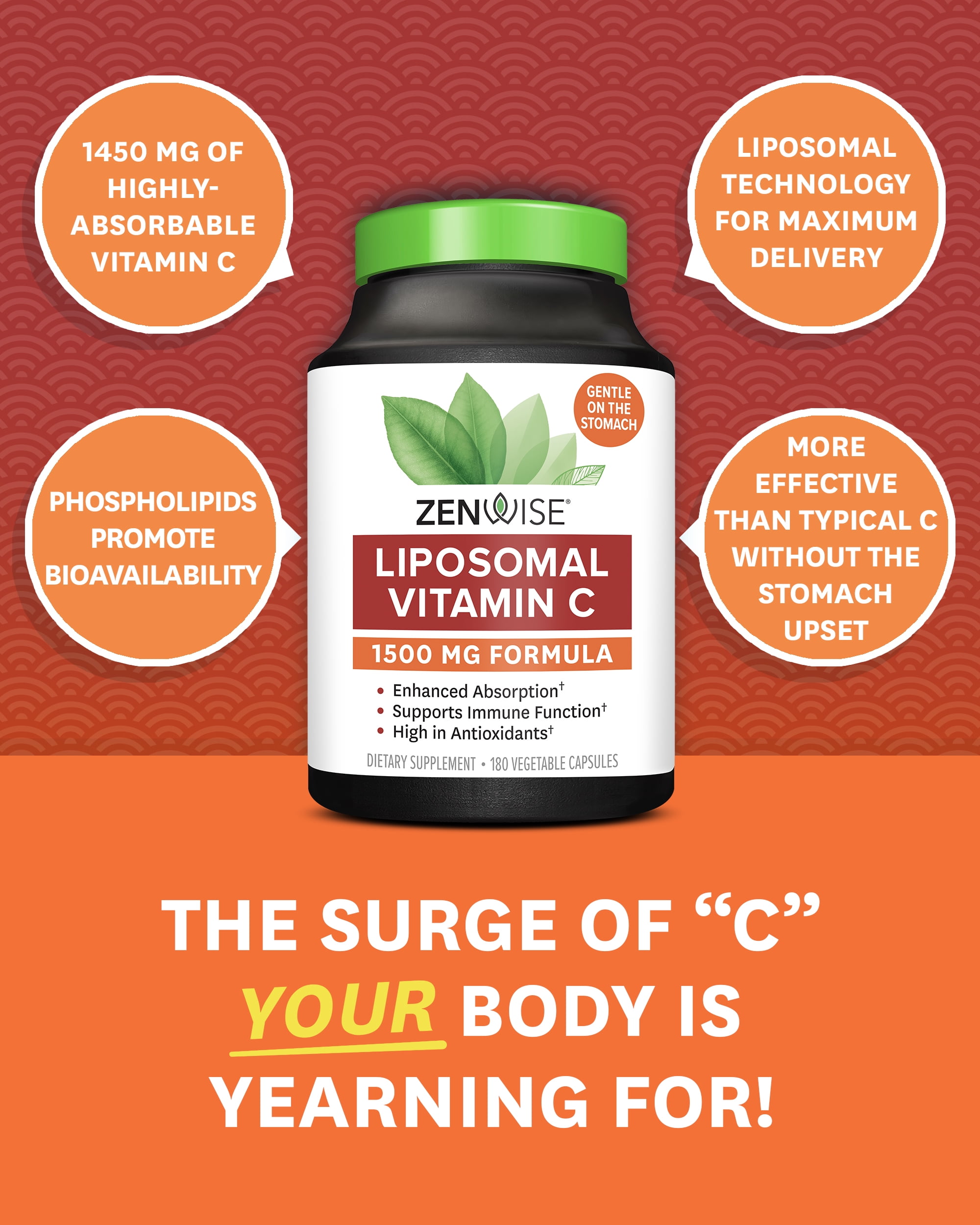 Zenwise Health Vitamin C Liposomal Ascorbic Acid - 1500 mg of Organic Highly Bio Available Vitamin C for Immune Health, Natural Energy Boost, and Skin Care Support - 3 Month Supply - 180 Capsules