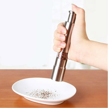 Stainless Steel Pepper Mills with One Hand Stands Mini Thumb Push for Peppercorns, Sea Salt, Spices, Table Seasoning
