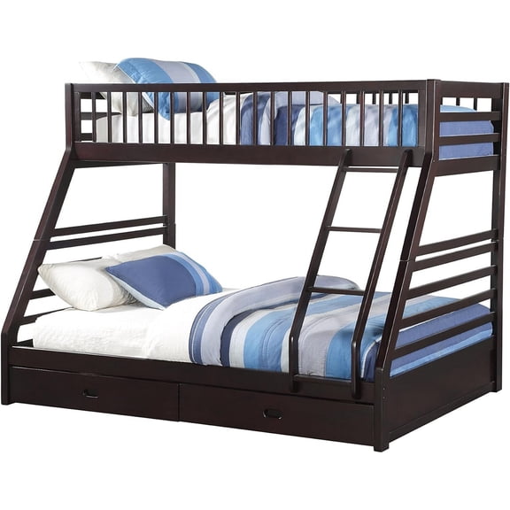 Benjara Wooden TwinXL/Queen Bunk Bed with Drawers, Espresso Brown