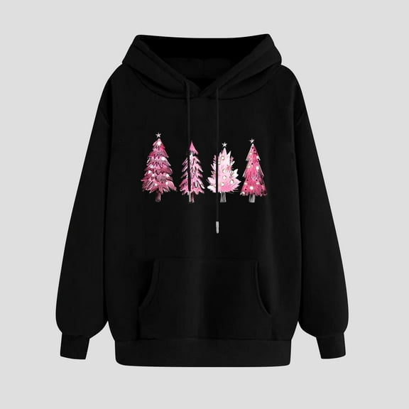 Women'S Christmas Hooded Cute Christmas Tree Print Sweatshirts Long Sleeved Loose Comfortable Fleece Hooded Tops Black L