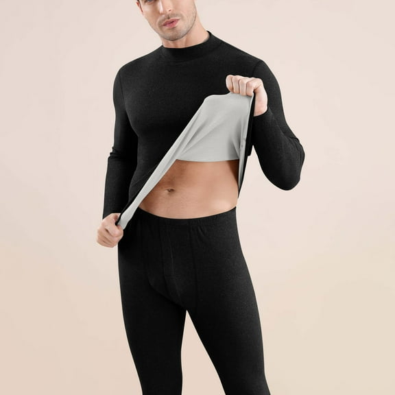 LIBRCLO Mens Thermal Underwear Sets Winter Fitness Cold Weather Base Layer Long Johns Underwear Round-Neck Solid Color Fleece Stretchy Long Sleeve Top and Bottom