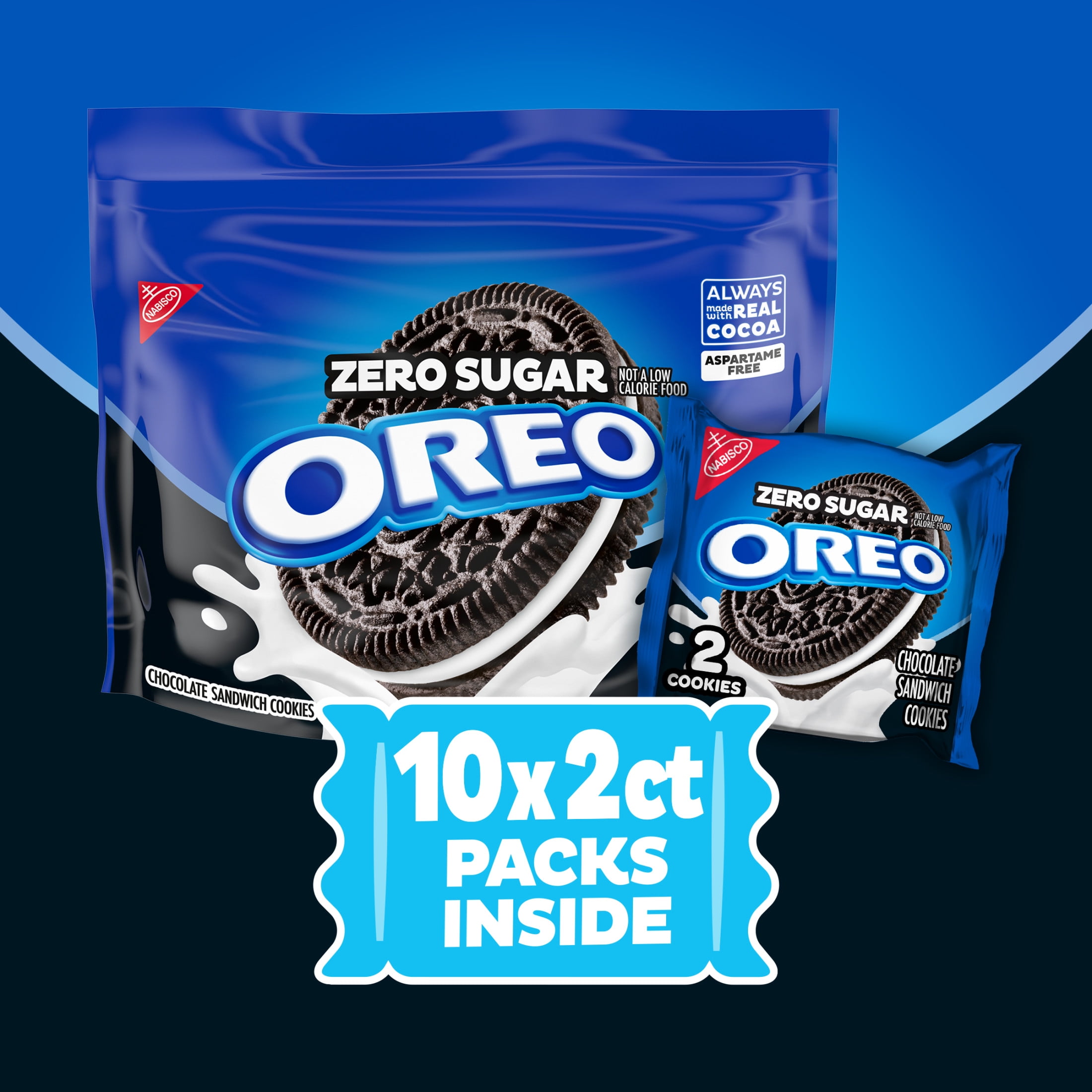 (2 pack) OREO Zero Sugar Chocolate Sandwich Cookies, 10 Snack Packs (2 Cookies Per Pack)