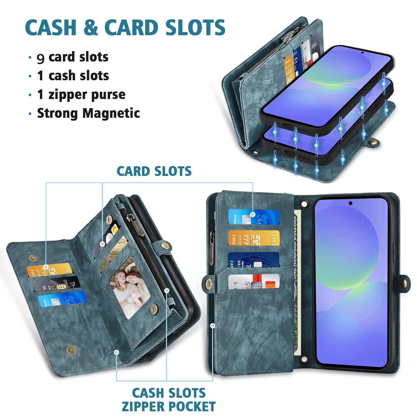 Asuwish Phone Case for Samsung Galaxy A36 5G Zipper Wallet Detachable Cell Cover with Tempered Glass Screen Protector Crossbody Lanyard Strap Flip Card Holder A 36 36A LTE SM-A366U Women Girls Blue