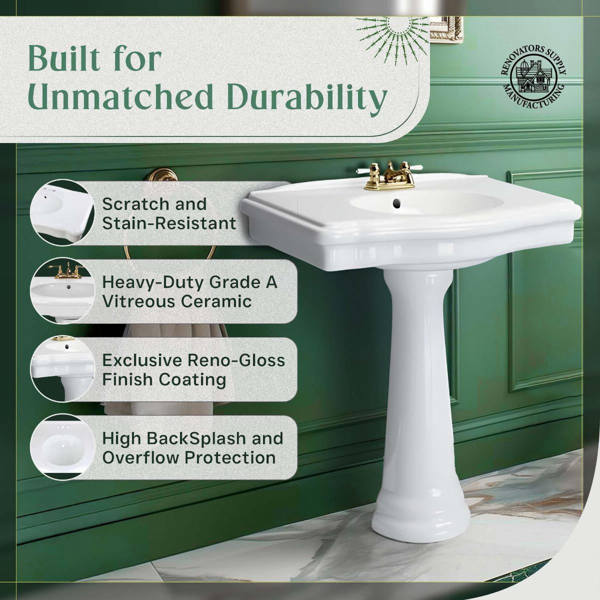 Large White Pedestal Bathroom Sink 34" W Porcelain Spaceous Wall Mount Sink w/Centerset Faucet Hole | Renovators Supply
