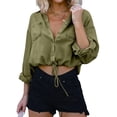 thumbnail image 3 of Women'S Cropped Denim Shirt Roll Up 3/4 Sleeve Casual Loose Drawstring Hem Button Front Jean Jacket Olive Color XXL, 3 of 9