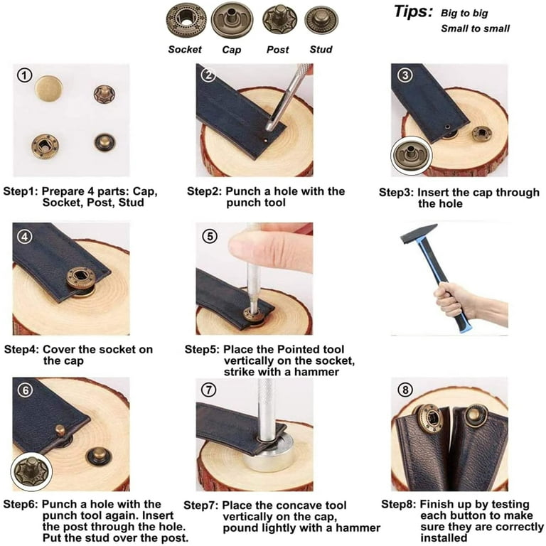 132 Sets Leather Snap Fasteners Kit, 12.5 mm Metal Snaps Buttons Press  Studs Tool with 4PCS Fixing Tools, Sewing Snaps for Clothes Leather Craft  Bracelets Jeans Wears Jackets Bags Belt 