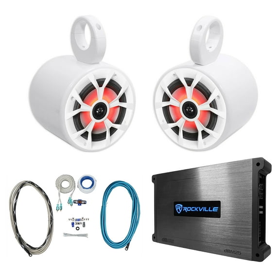 2) Rockville RKL65MBW 6.5" 700w Marine Wakeboard LED Speakers Amplifier Amp Kit