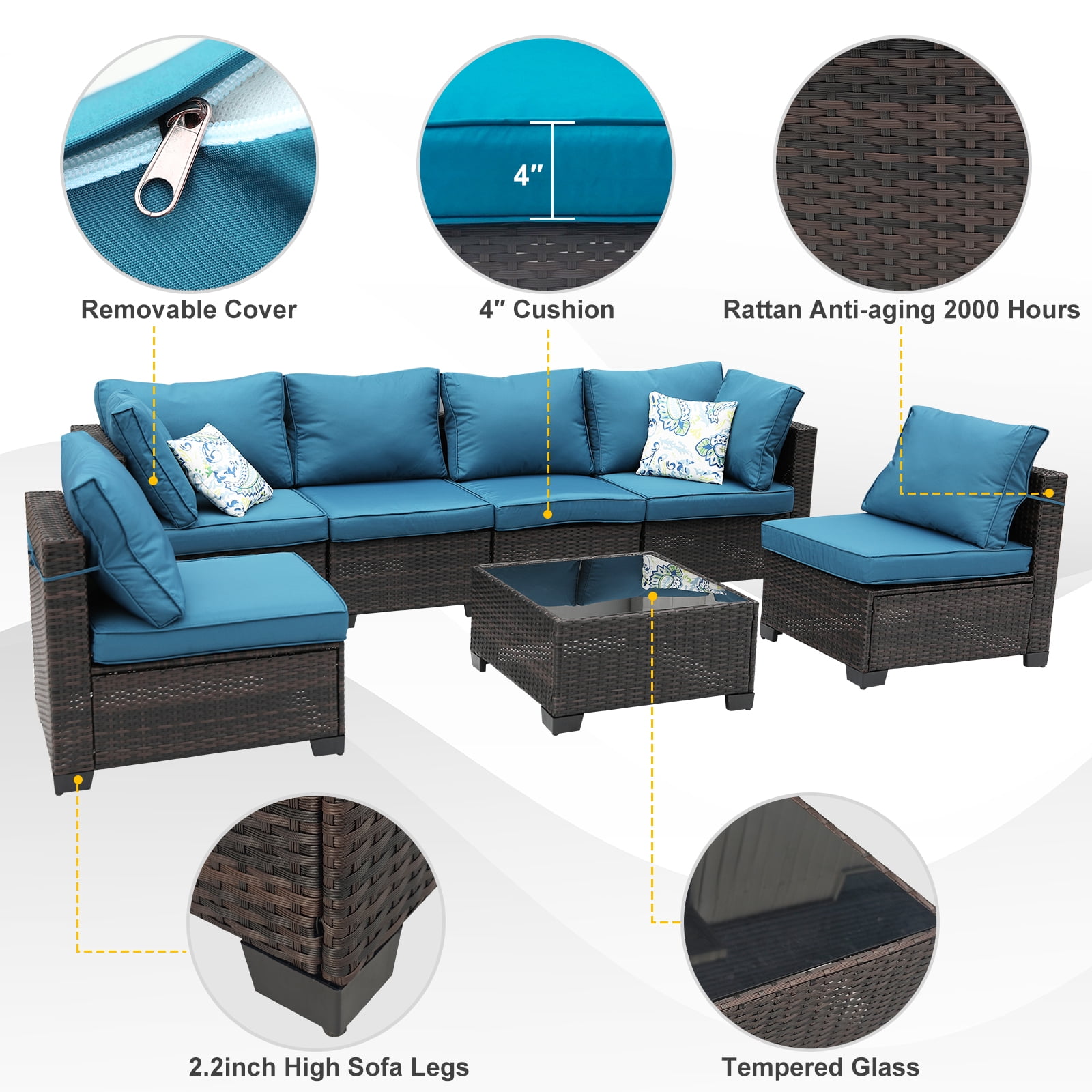 ZXRLHX 7-Piece Outdoor Rattan Patio Furniture Set (Brown/Peacock Blue) with Anti-slip Cushions