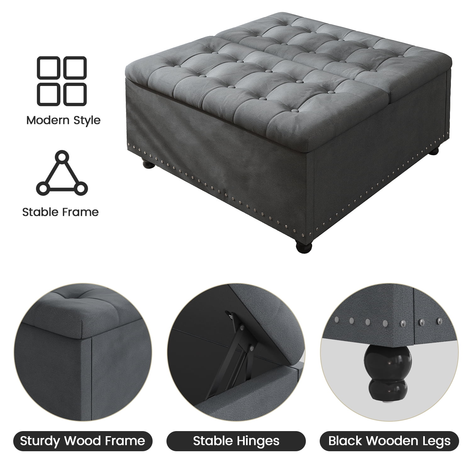 Kbun 33.5 inch Large Square Storage Ottoman, Tufted Upholstered Coffee Table with Lift Top & Solid Wood Legs, Oversized Storage Bench Ottomans Toy Box for Bedroom, Living Room, Entryway, Grey