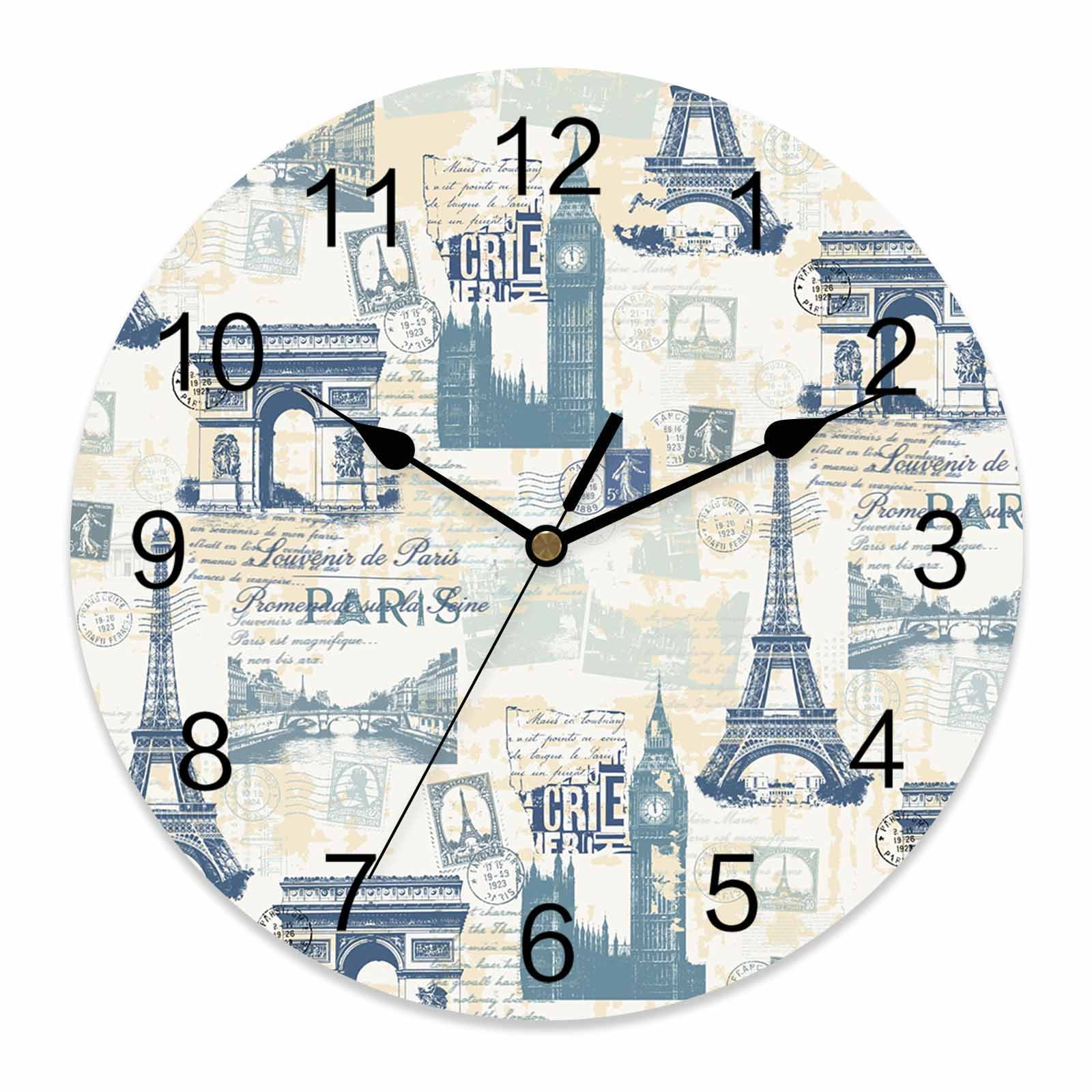 Wall Clock Blue Eiffel Tower Clocks PVC Silent Non-Ticking Battery Operated Decorative France Paris Travel Landscape Round Clock for Home Living Room Kitchen Bedroom Office School Wall Decor 10 Inch