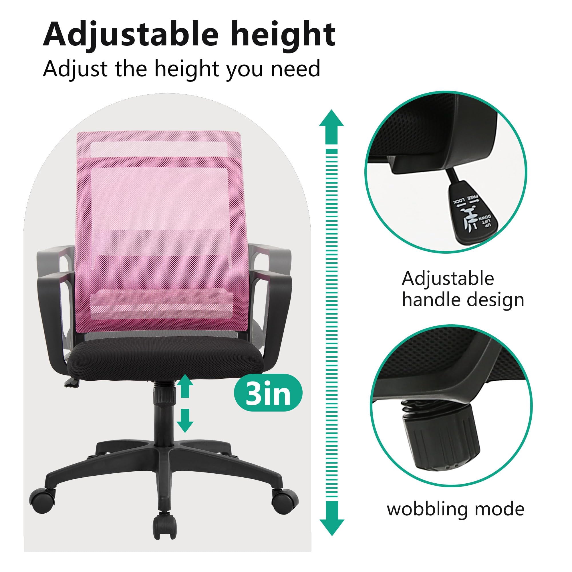YRLLENSDAN Mesh Office Chair with Wheels Rolling Desk Chair with Arms Mesh Computer Chair for Adults Conference Room Chair Study Chair Adjustable Height,Pink