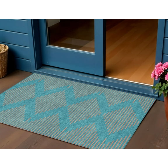 HomeRoots 598788 3 x 5 ft. Teal Blue & Pink Geometric Washable Indoor & Outdoor Rectangle Area Rug