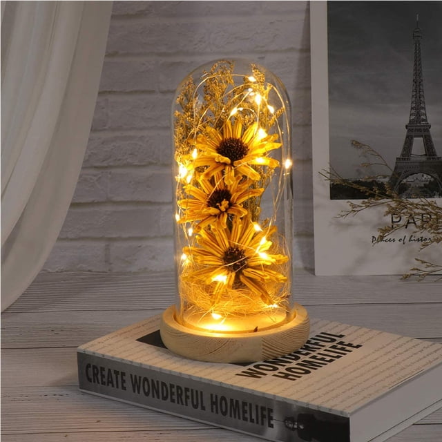 Girasol artificial con luces LED en cúpula de cristal, lámpara de flores encantada para San Valentín, día de la madre, aniversario, regalos de cumpleaños