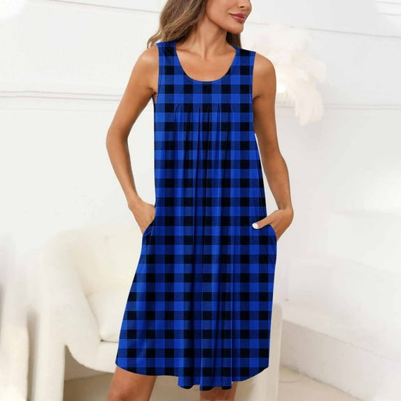 Fznquz Nightgowns for Women Casual Sleeveless Sleepwear Lounge Dress Crew Neck Plaid Blue Sleep Shirts with Pockets