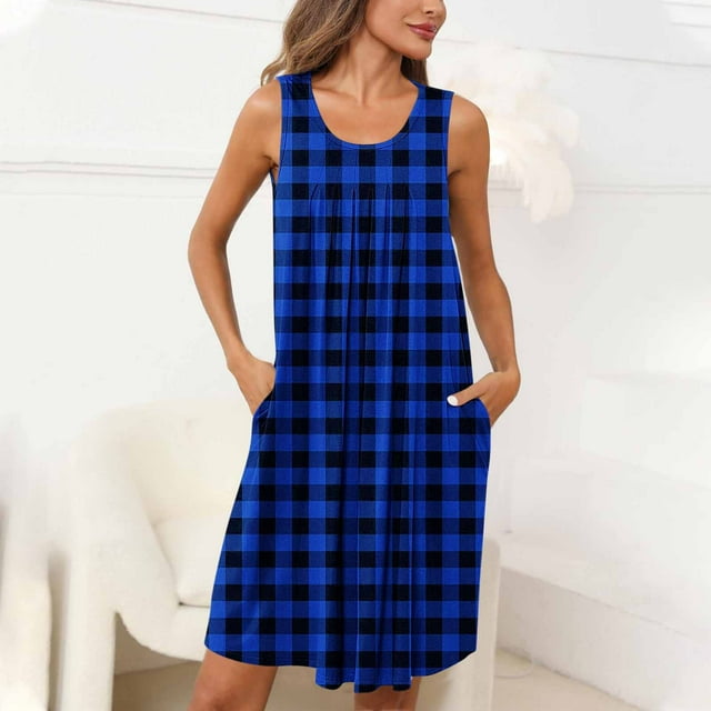Camisón de mujer con estampado y bolsillos, sin mangas, plisado, cuello redondo