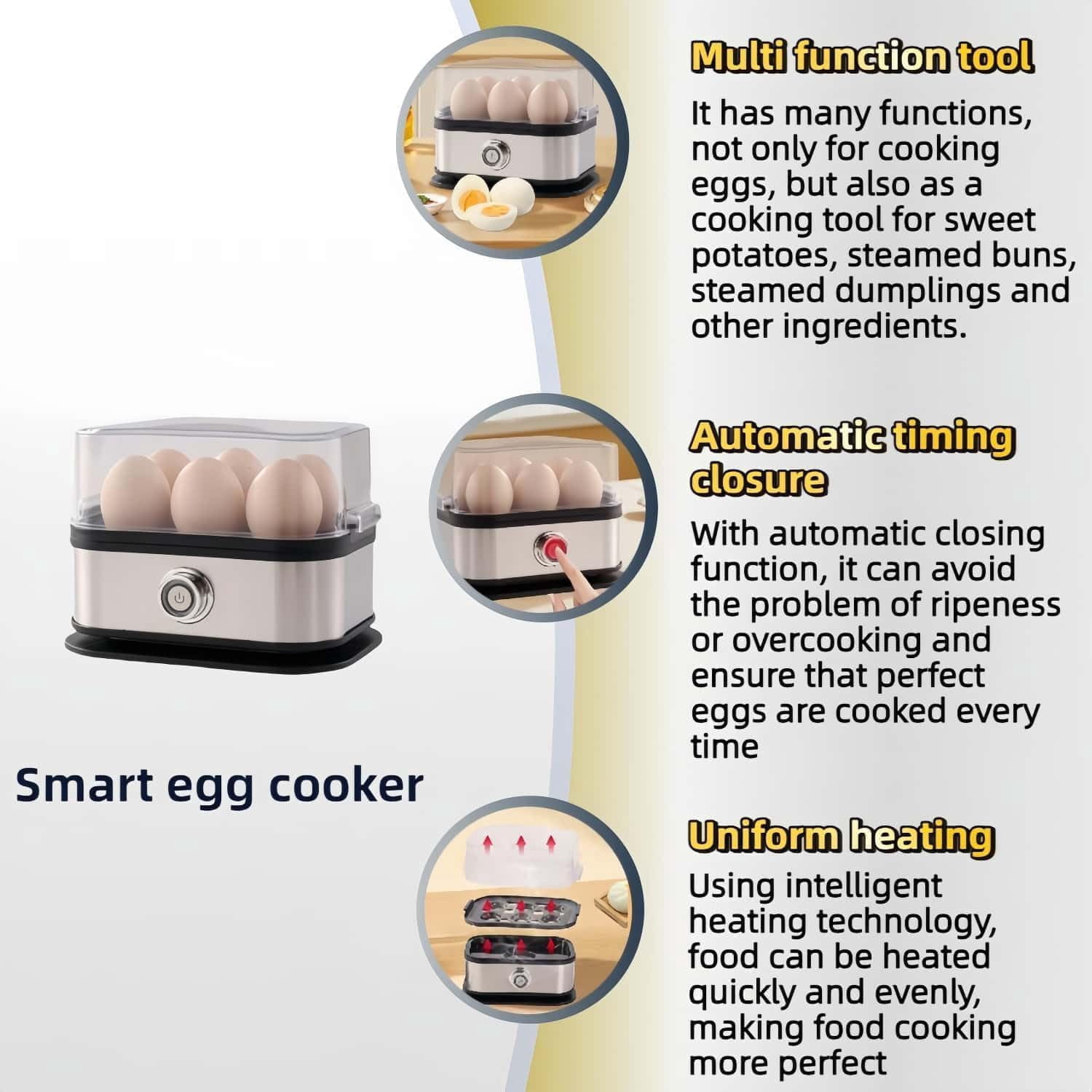 Automatic Egg Cooker 6 Egg Capacity, Soft, Medium, Hard Boiled, Poacher, Stainless Steel Electric Eggs Cooker,Or Hard-Boiled Eggs, Rapid Cook Time