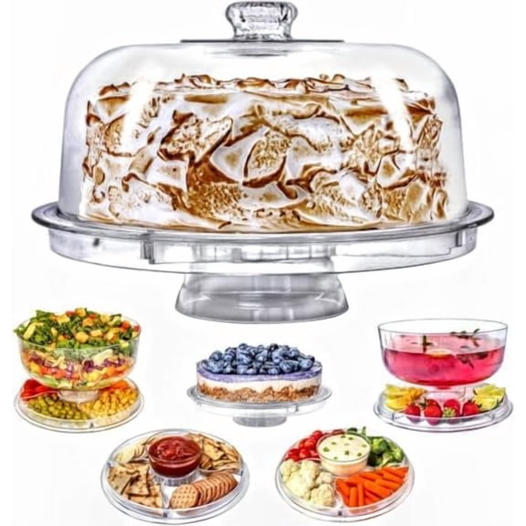 Cake Stand with Dome Cover, 6-in-1 Multi-Purpose Use, Cake Stand with Lid, Serving Platter, Punch Bowl, Desert Platter and More, BPA Free