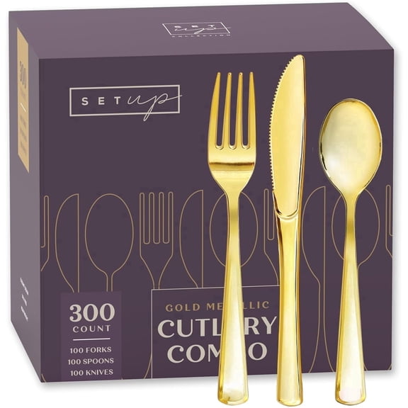 SETUP Gold Plastic Cutlery Set 100 Forks, 100 Spoons, 100 Knives Combo, 300-Count