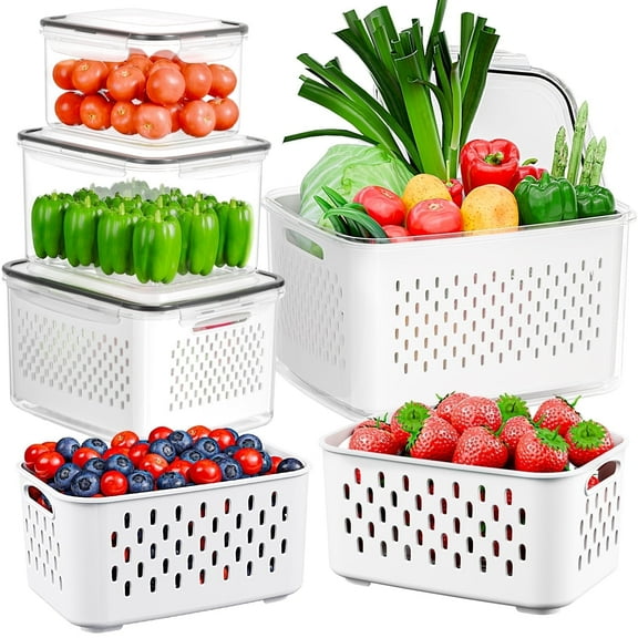 TINANA 5 Pack Produce Saver Containers for Fridge 12–140 oz, BPA-Free Airtight Food Storage with Removable Colander, Stackable Vegetable & Fruit Keeper Bins