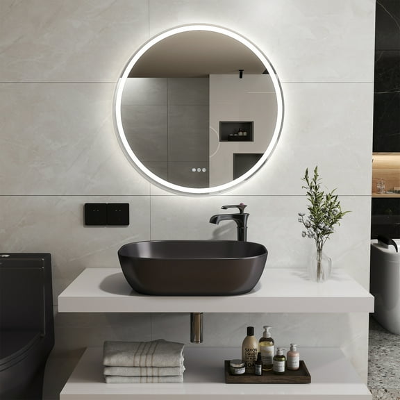Round LED Bathroom Mirror with Front & Back Lights, Anti-Fog, Dimmable 3-Color Lighting, Frameless Wall-Mounted Vanity Mirror, Plug-In or Hardwired