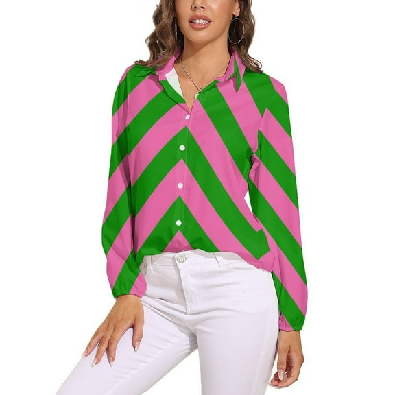 Pink Green Zig Zag Pattern Long Sleeve Blouse Woman Streetwear Casual Shirts Summer Oversize Woman Streetwear Clothing Birthday Present